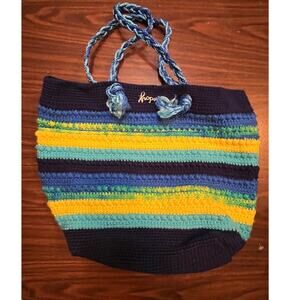 Handmade Crochet Boho Tote Bag  Blue/Teal/Yellow Stripes — Rope Handles